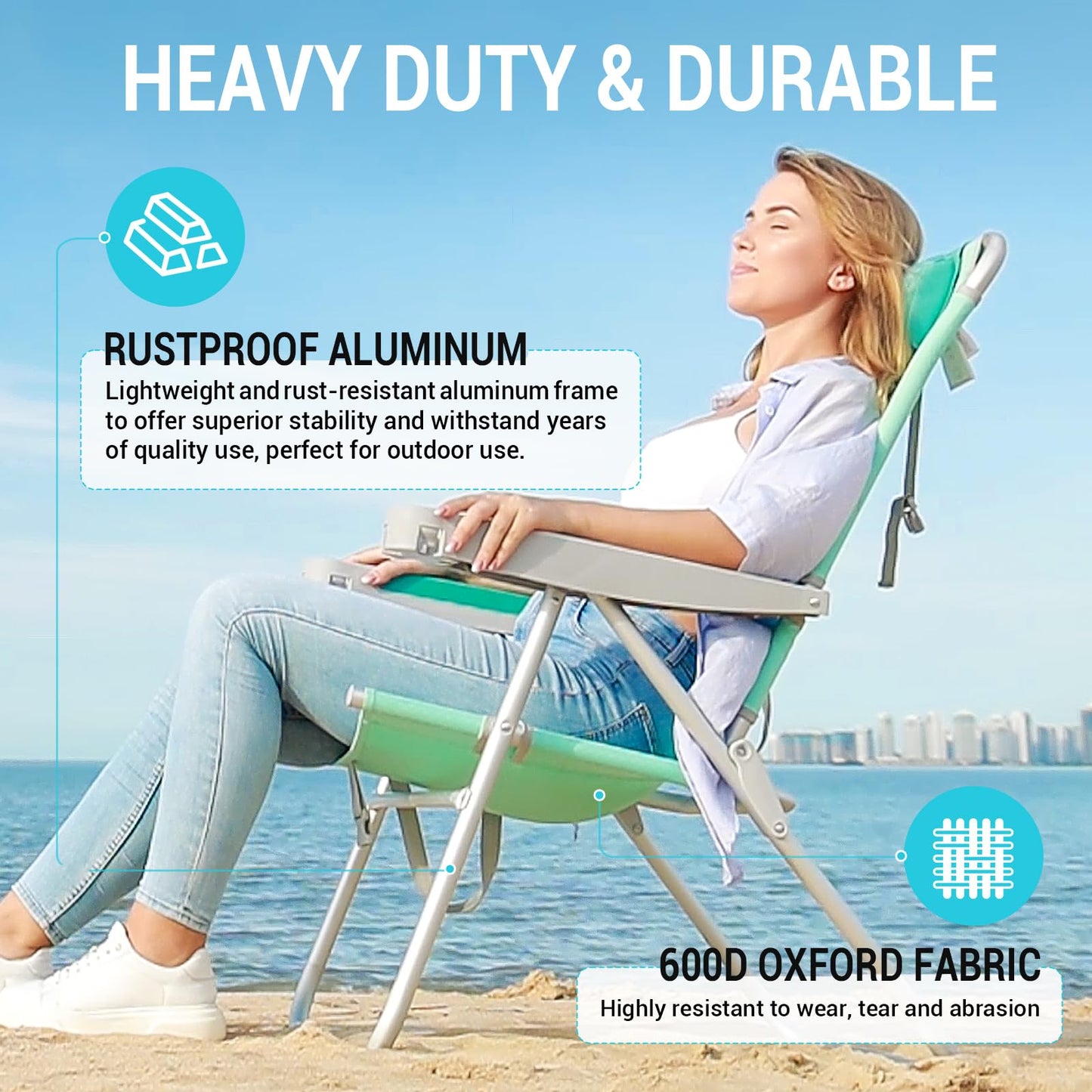 #WEJOY Beach Chairs for Adults Aluminum HeavyDuty Folding Reclining Beach Chair with 5 Positions for Outdoor Lawn, Support 300LBS Portable Camping Chair with Headrest,Cup Holder and Bottle Opener