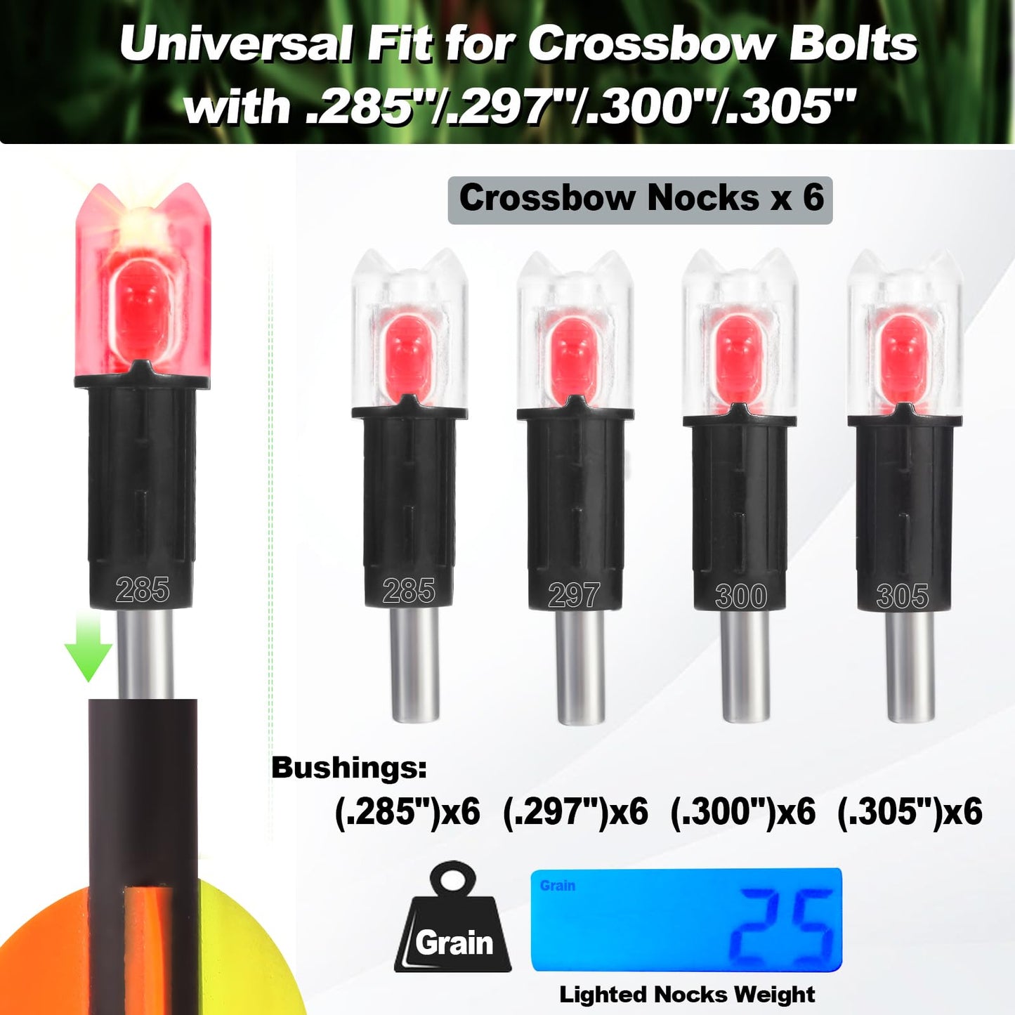 Keuaaao 6PCS Lighted Nocks for Crossbow with .285 .297 .300 .305 Bushings, Lighted Crossbow Nocks with ON/Off Switch, High-Visibility LED Crossbow Nocks, Upgrade Two-Moon Slot