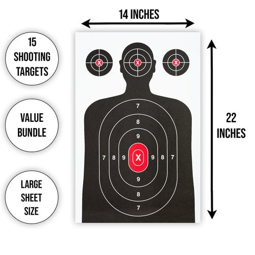 15 Pack Paper Shooting Target for Gun Range, Target Practice - Large Size 14 x 22 inches Silhouette Paper Target for Handguns, Rifles, Pistols, Airguns, BB Guns, Pellet Guns, Crossbow, Arrow