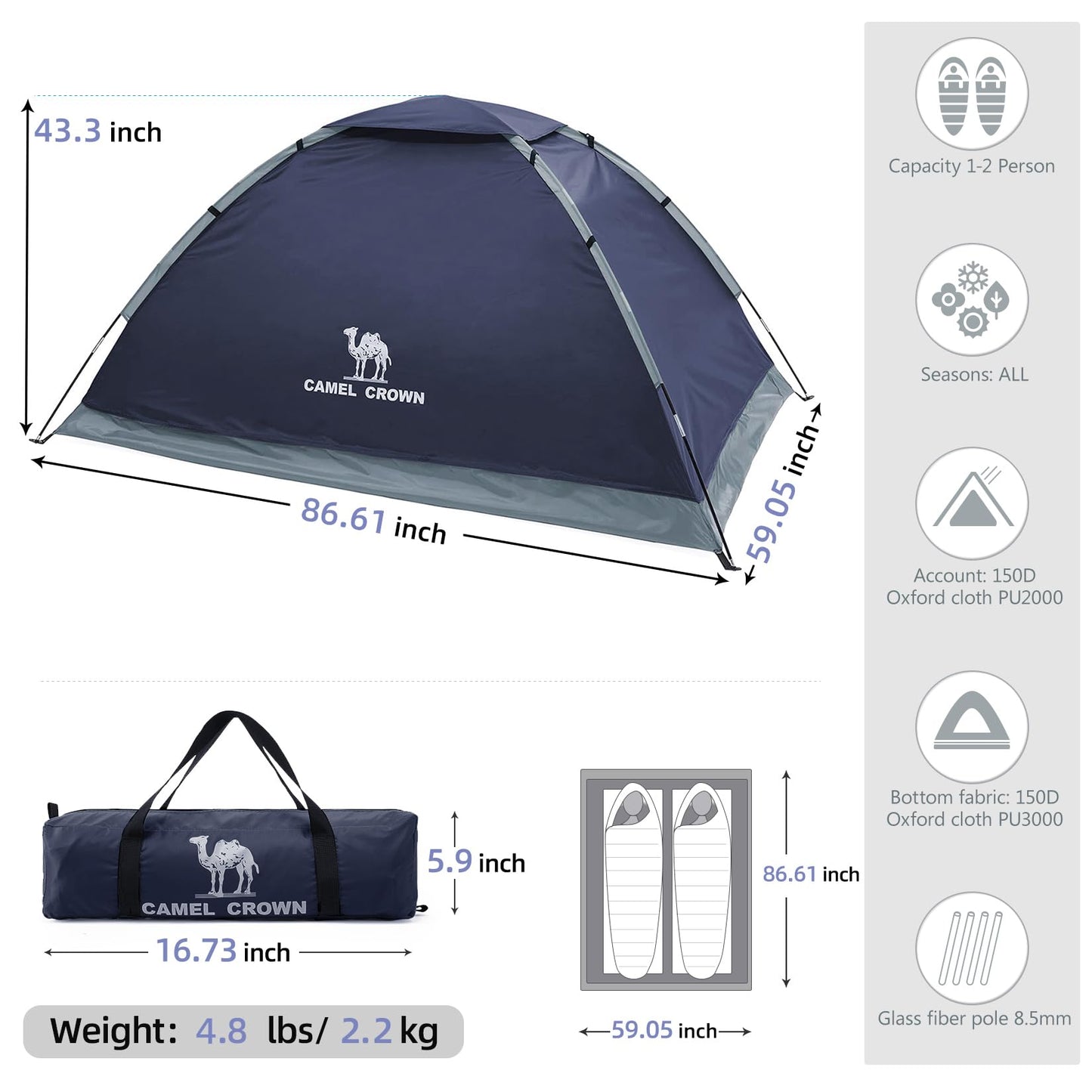 CAMEL CROWN 2 Person Camping Tent with Removable Rain Fly, Easy Setup Outdoor Tents Water Resistant Lightweight Portable for Family Backpacking