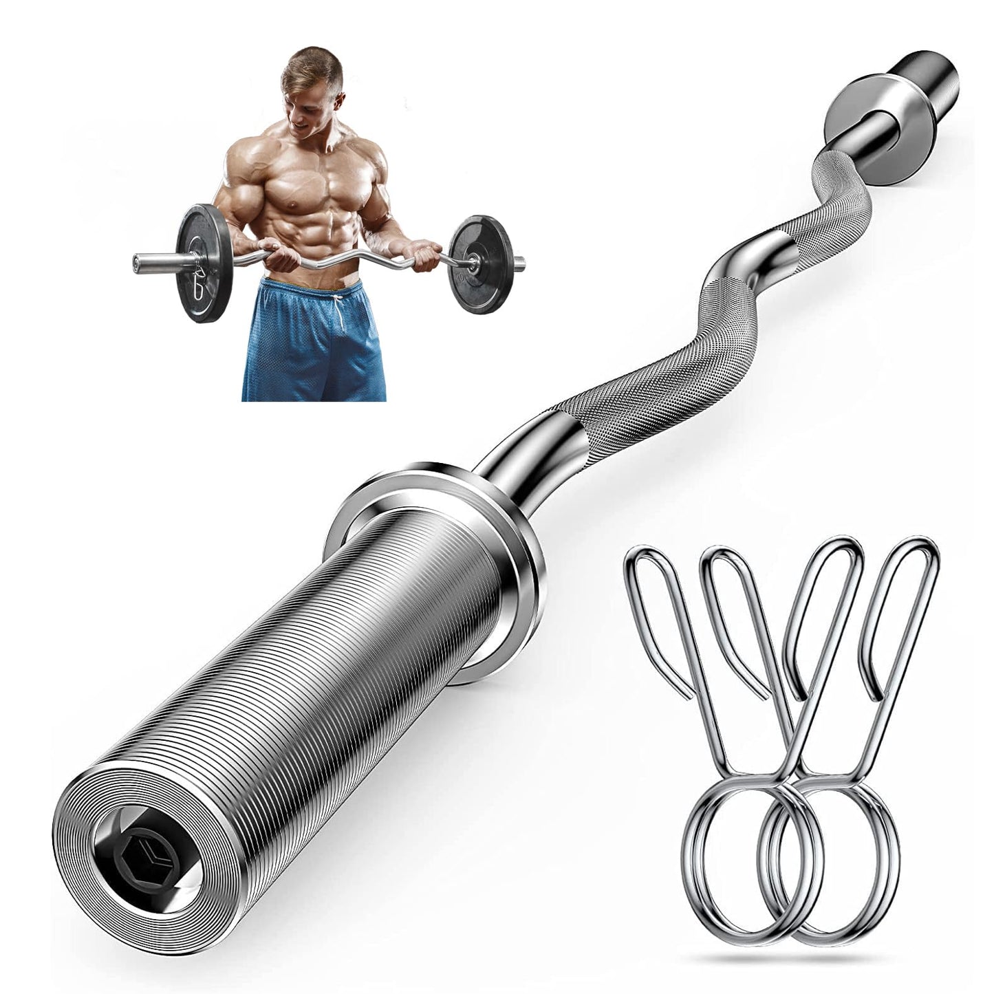Olympic EZ Curl Barbell Bar, 47” Strength Training EZ Bar for Weight Lifting,Hip Thrusts,Biceps, triceps, Back/Leg Muscle Exercise,Chrome Curling Bar for 2 Inch Weight Plates,with 2 Spring Collars