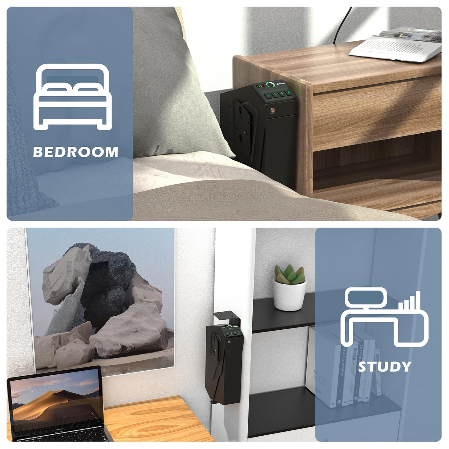 Z ZLJUAN Mounted Gun Safe for Pistols,Quick-Access Handgun Pistol Safe for Nightstand Bedside Desk Bed with Biometric Fingerprint, Keypad Lock,Key