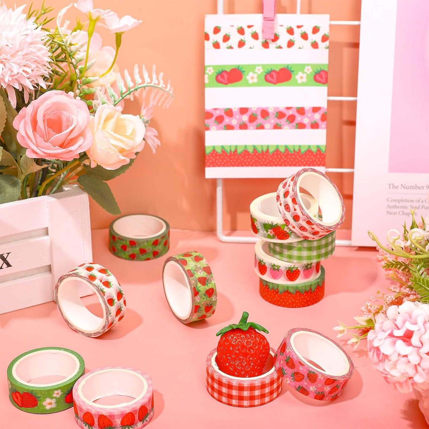 12 Rolls Strawberry Washi Tape Sweet Red Berry Decorative Masking Tape Set Summer Fruit Wrapping Paper Tapes for Scrapbook Journal DIY Art Crafts