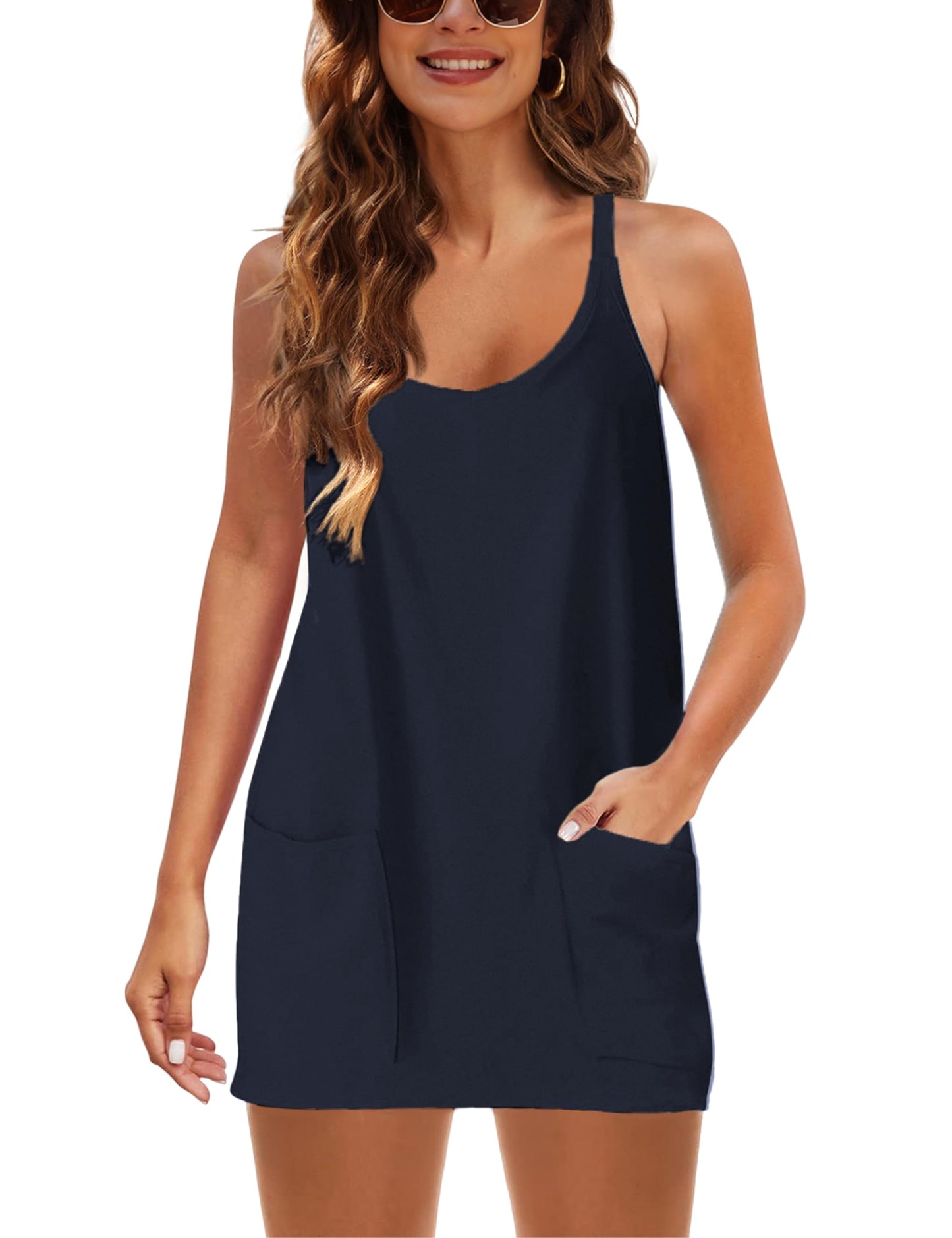 Lentta Womens Athletic Sleeveless Mini Dress with Built-in Shorts V Neck Spaghetti Strap Sundress(DarkBlue-L)