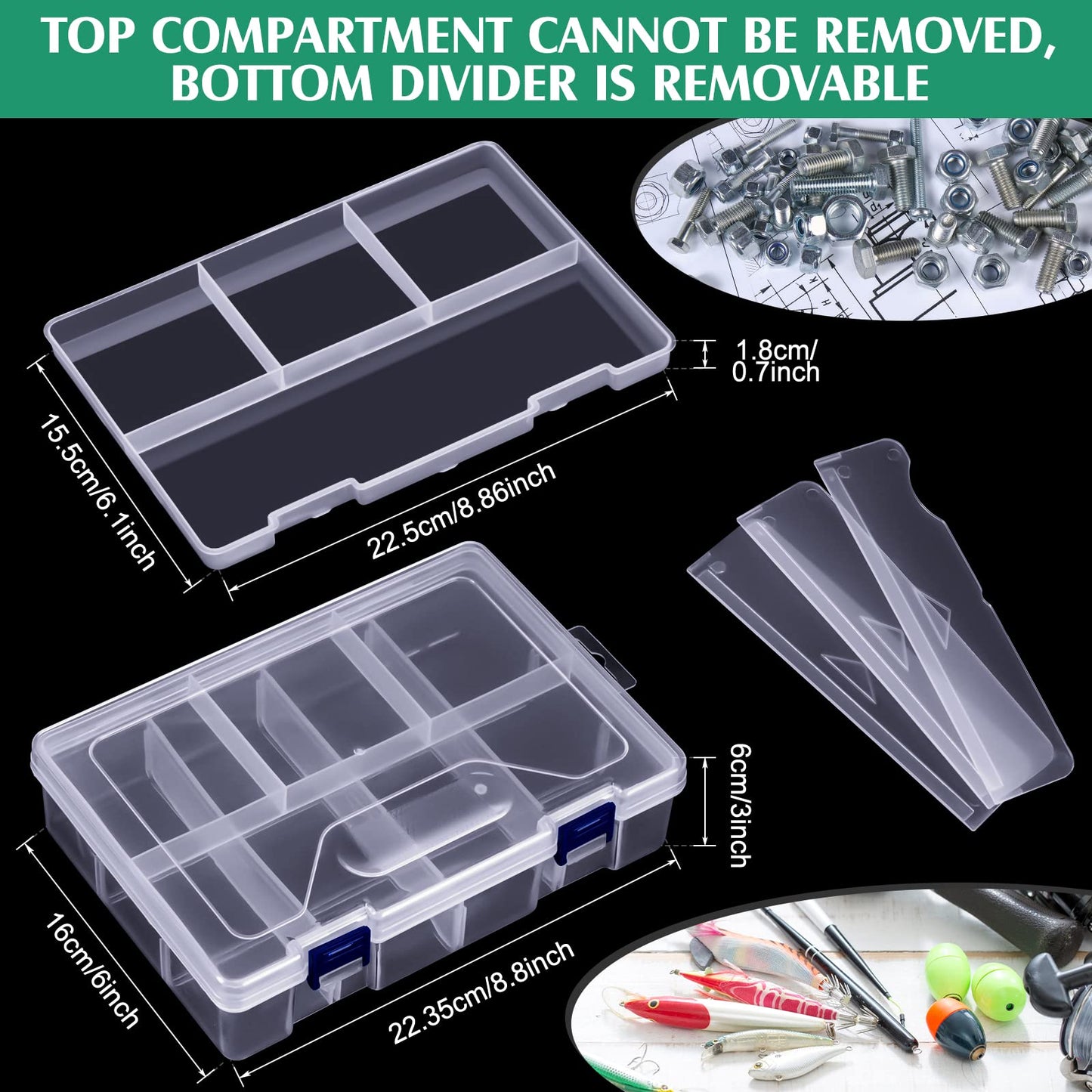 Honoson 6 Pack Fishing Tackle Box Organizer Storage Clear Fishing Box with Movable Tray Plastic Waterproof Compartment Organizer for Lure Container Craft Beads Jewelry