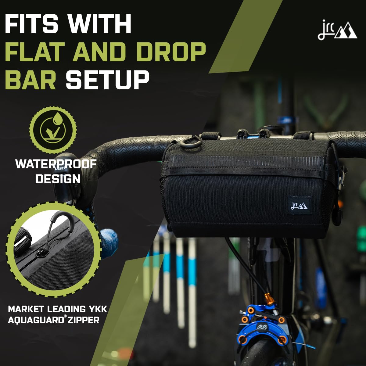 JRC Components Bike Handlebar Bag for Bicycles | Water Resistant 900D Polyester Bicycle Handlebar Bag - Bike Front Bag | Handle Bar Bag with YKK Aquaguard Zipper and Adjustable Bungee Cord - Black
