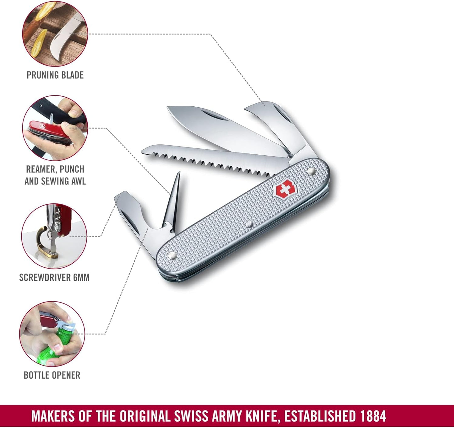 Victorinox Swiss Army 7 Swiss Army Knife, 7 Function Swiss Made Pocket Knife with 2 Blades (Large and Pruning Blade), Wood Saw and Bottle Opener - Silver