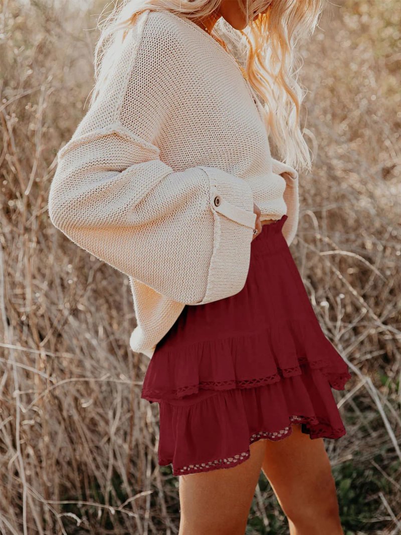 Aoudery Flowy Shorts for Women Casual Boho Ruffle Tiered Skorts High Waist Mini Skirts Golf Tennis Butterfly Crochet Shorts - Red M