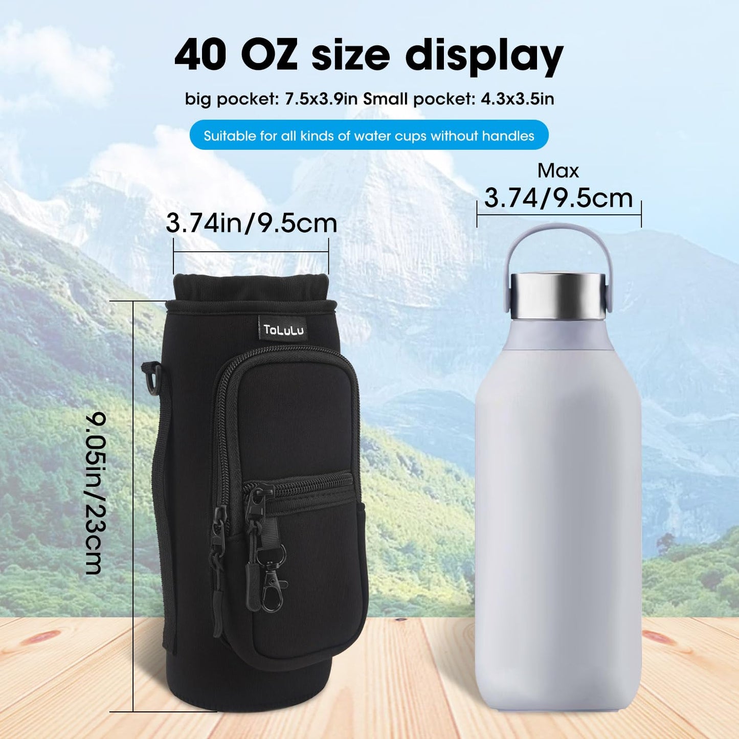 25/32/40oz Water Bottle Carrier Bag with Phone Pocket,Crossbody Insulated Neoprene Adjustable Shoulder Strap Water Bottle Pouch Case, Water Bottle Holder Sling Sleeve for Walking Hiking, 40oz Black