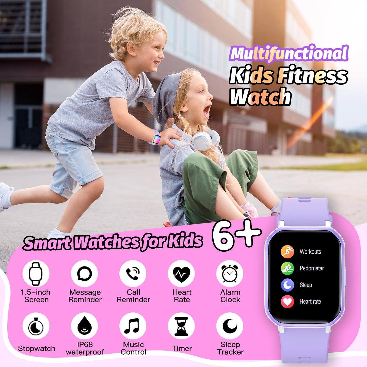 Kids Smart Watch for Girls,IP68 Waterproof Kids Fitness Tracker Watch with 1.5 Inch DIY Face,Heart Rate Sleep Monitor,19 Sport Modes,Calories Counter,Alarm Clock,Great Gifts for Children 6+(Purple)
