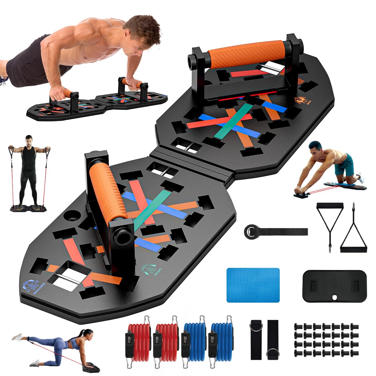 VEICK Push Up Board Fitness, Portable Foldable Exercise Equipment, Fitness Accessories with Resistance Bands Skateboard, Professional Strength Training Equipment for Men Women, Orange