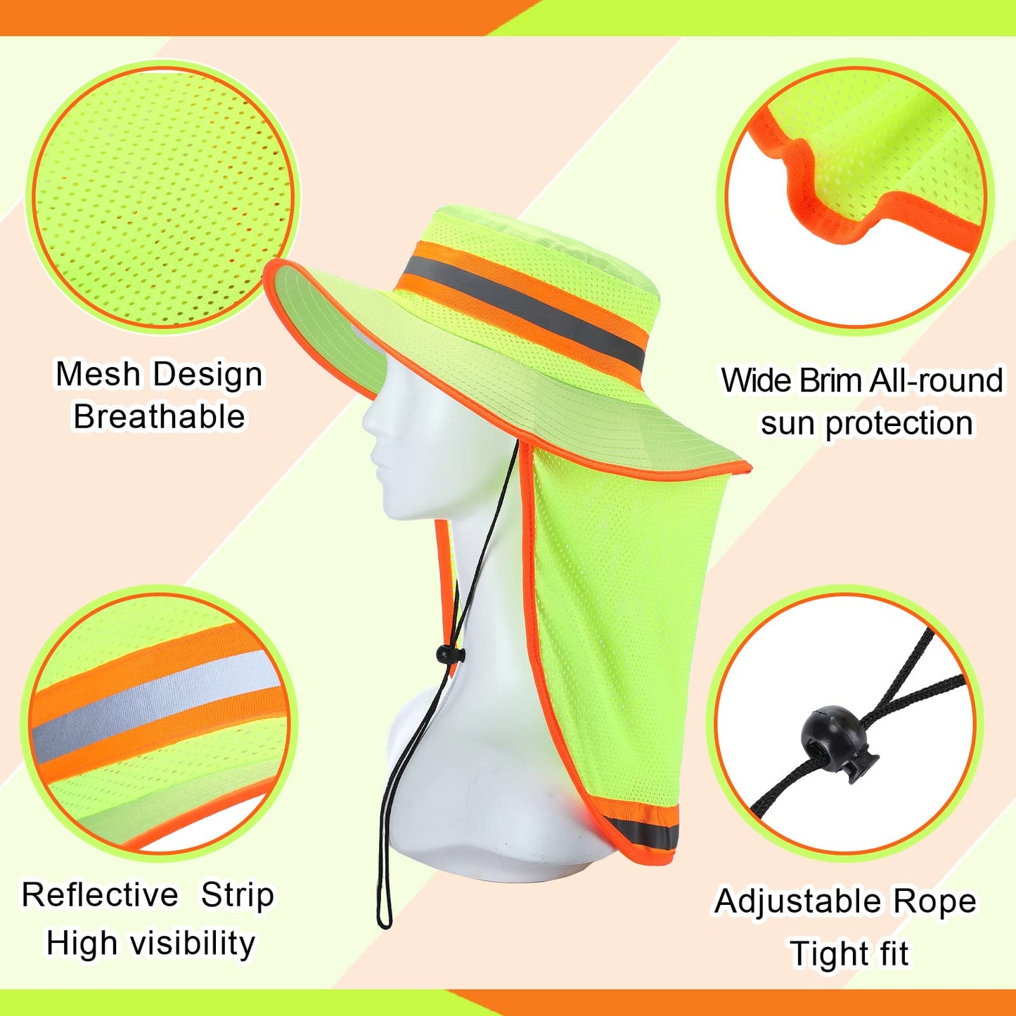 Jexine 6 Pcs Reflective Safety Hat High Visibility Neck Flap Boonie Hat Wide Brim Work Hats Breathable Bucket Cap for Worker (Yellow)
