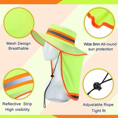 Jexine 6 Pcs Reflective Safety Hat High Visibility Neck Flap Boonie Hat Wide Brim Work Hats Breathable Bucket Cap for Worker (Yellow)