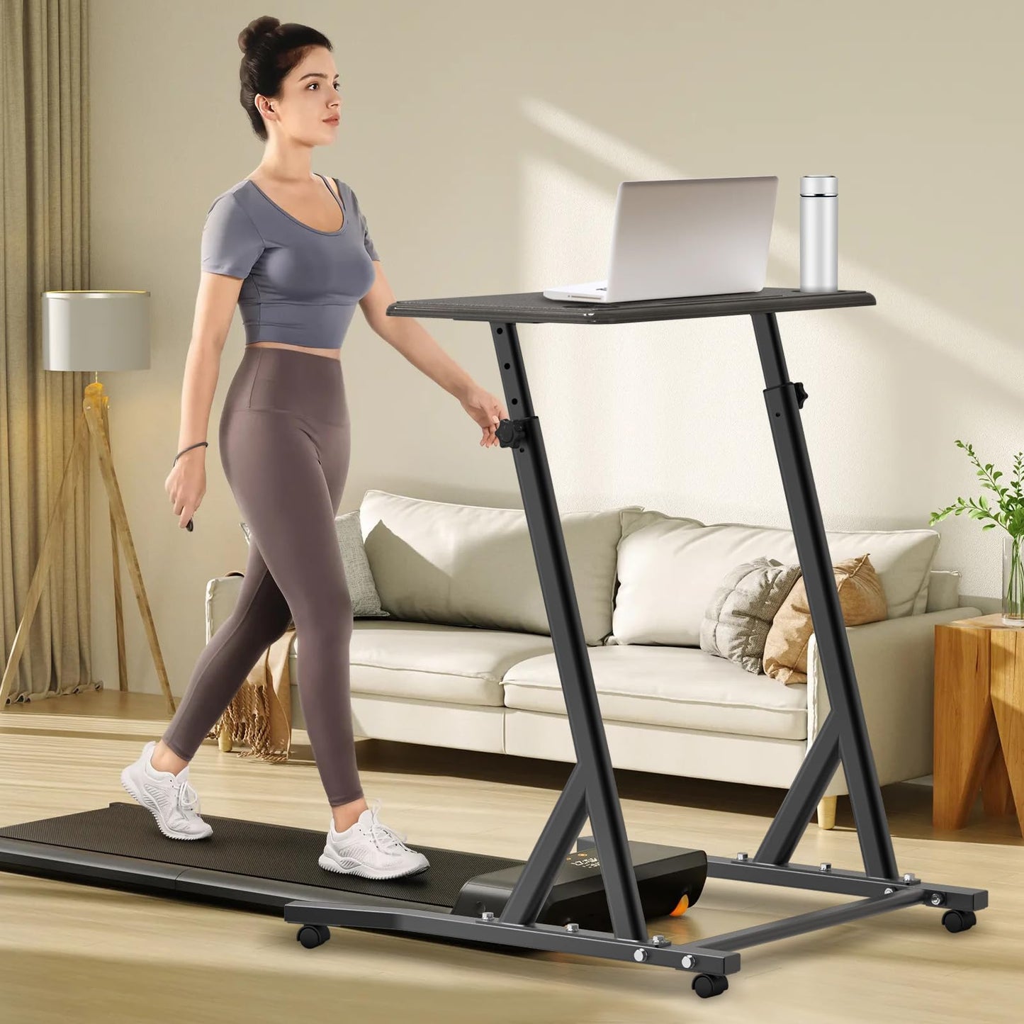 SELEWARE Indoor Cycling Desk Height Adjustable Bike Desk Workstation Standing Desk Wooden Laptop Desk Portable Bike Trainer Fitness Desk with Lockable Wheels for Indoor Cycling Treadmill & Office Use