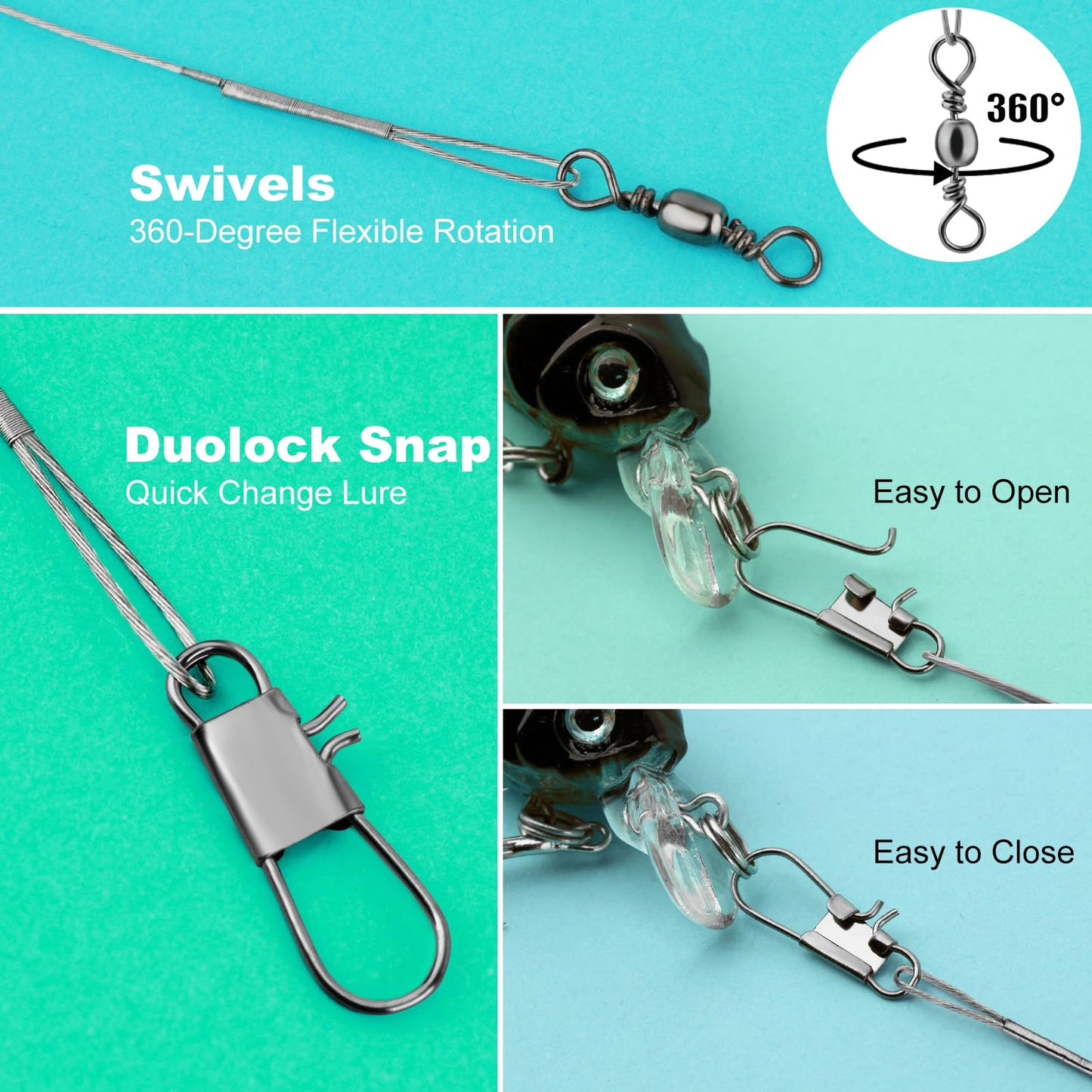 Realure 50Pcs Stainless Steel Fishing Leaders with Swivels Snap Connect Kit High Strength Fish Line Wire Leaders for Fishing Saltwater 4/6/8/10/12inch Fishing Wire Leader Line for Lure Bait Rig Hooks