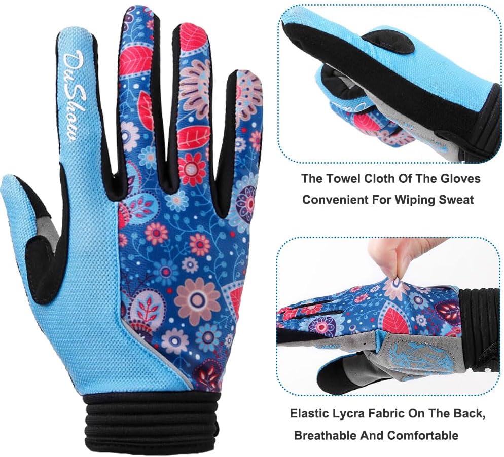 Pink Floral Cycling Gloves for Women | Full Finger Gel Padded Workout Gloves