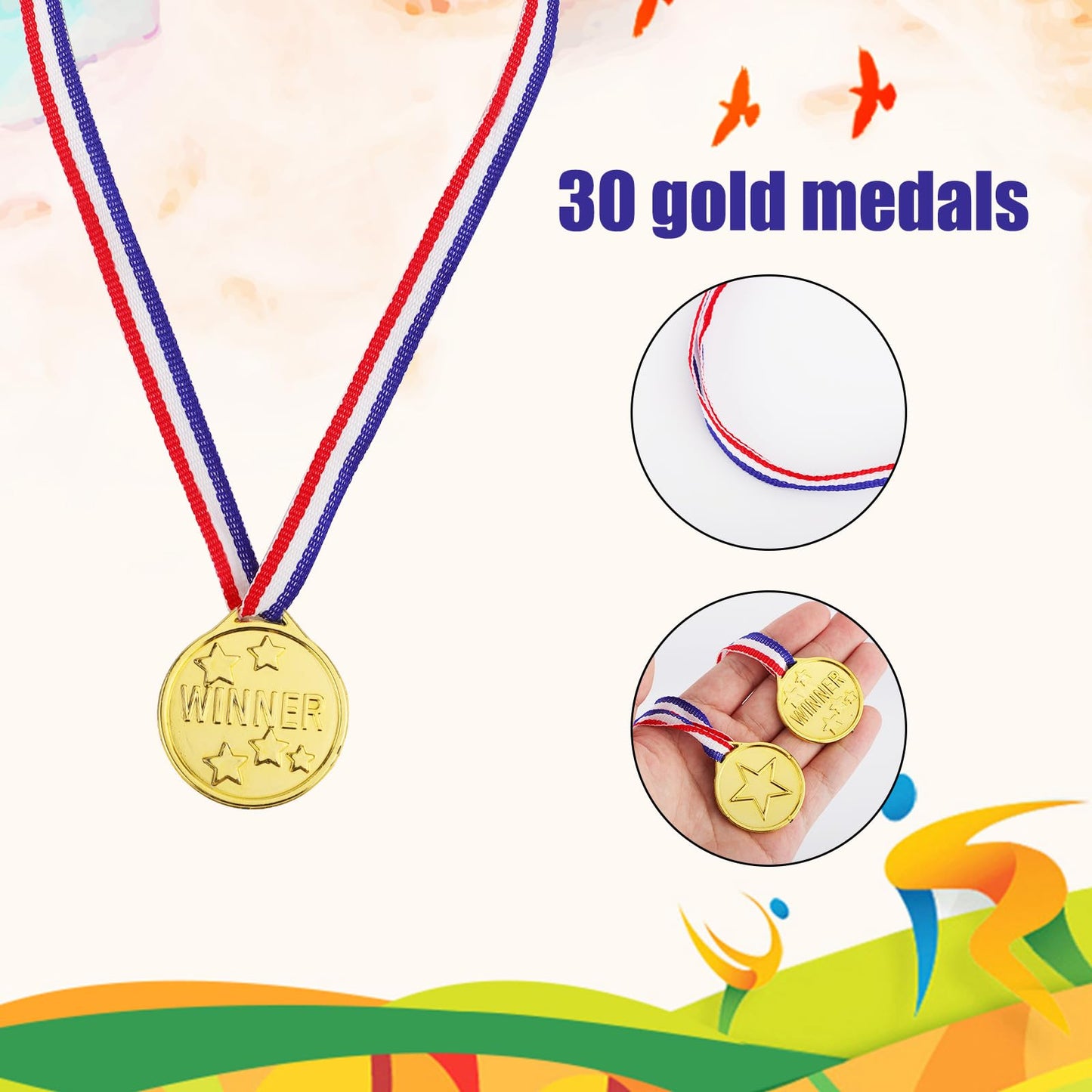 30 Pcs Gold Medals for Kids, Gold Plastic Winner Award Medals Golden Medal Prizes for Children Sports Competitions Game Party Gift