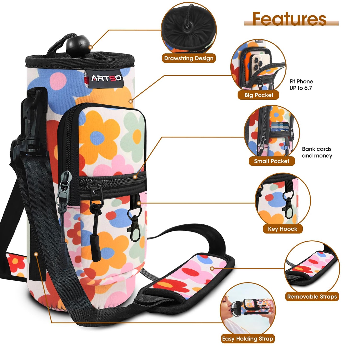 ARTSO Water Bottle Carrier Bag with Phone Pocket, Neoprene Sleeve Water Bottle Holder Sling Bag Pouch with Adjustable Strap 25/32/40/64 oz for Walking Hiking Camping Gym(25oz, Colorful Flowers)