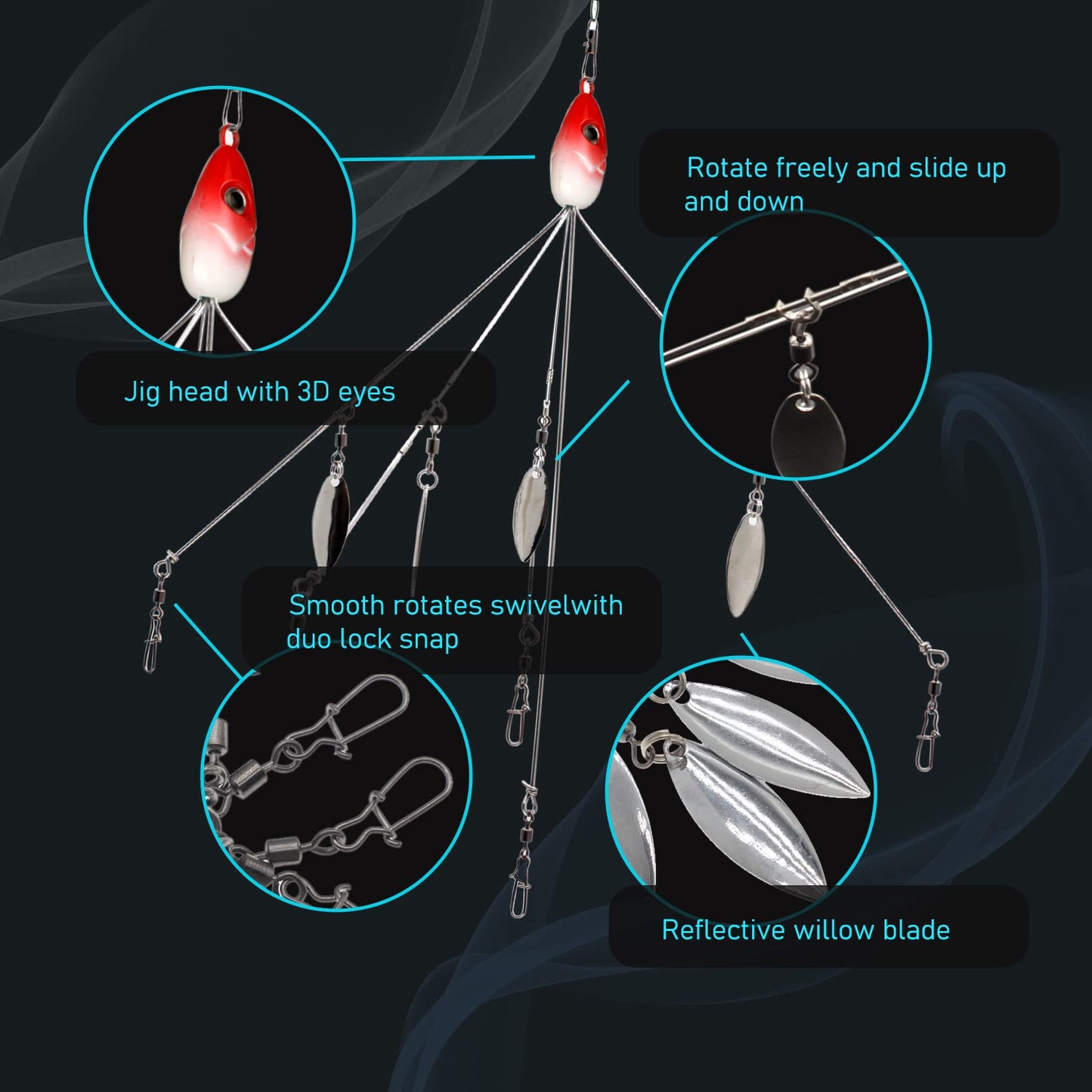 3 Pcs 8.5 in 0.6 Oz Alabama Rigs, 5 Arm Umbrella Rig Swimbait with 4 Willow Leaf Bass Fishing Lure for Trout Salmon Freshwater Saltwater