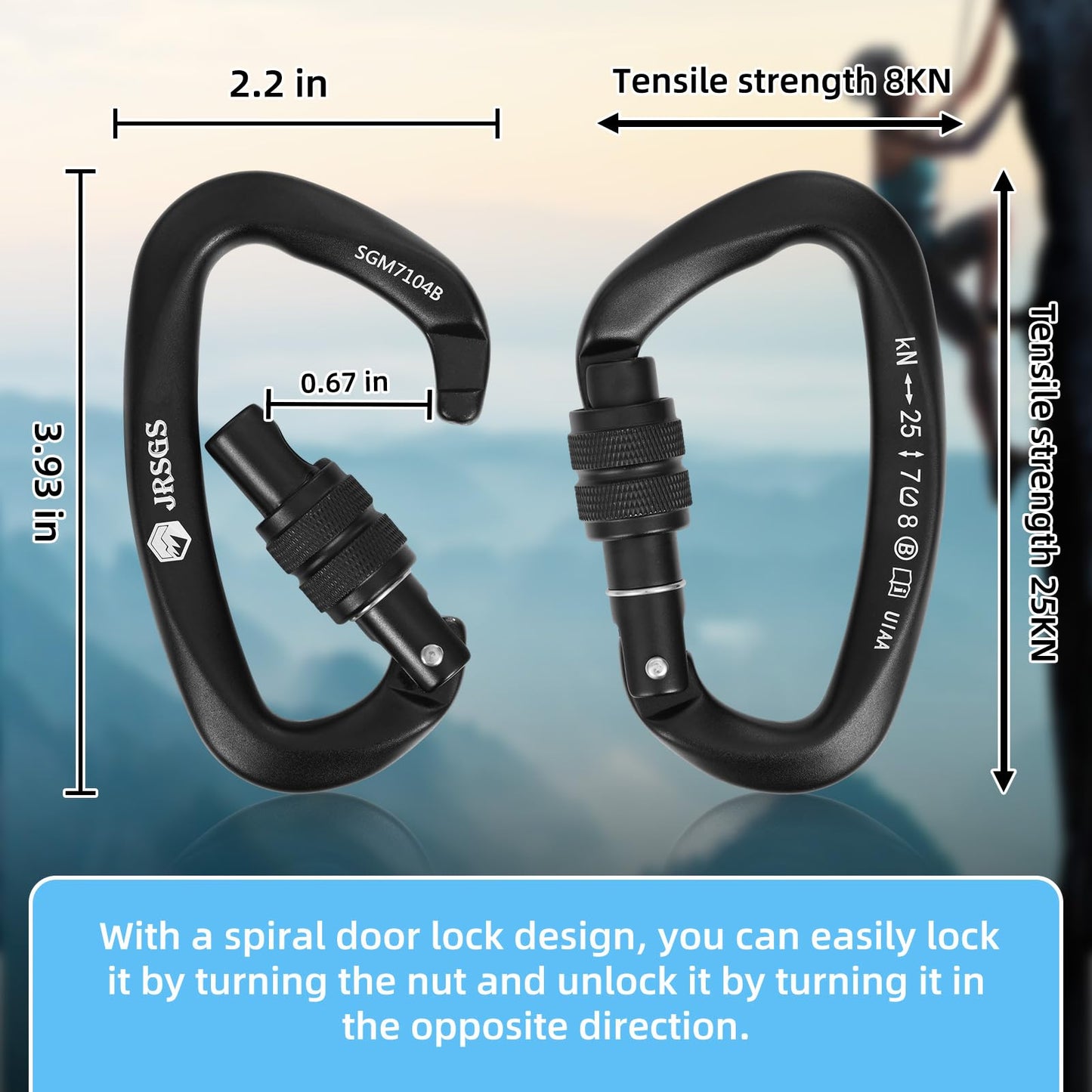 JRSGS 25KN Locking Climbing Carabiner Clips, UlAA Certified Rockclimbing Carabiner,Heavy Duty Carabiners Equipment,Large SizeCarabiner for Climbing, Rappelling,Hunting and Rescue