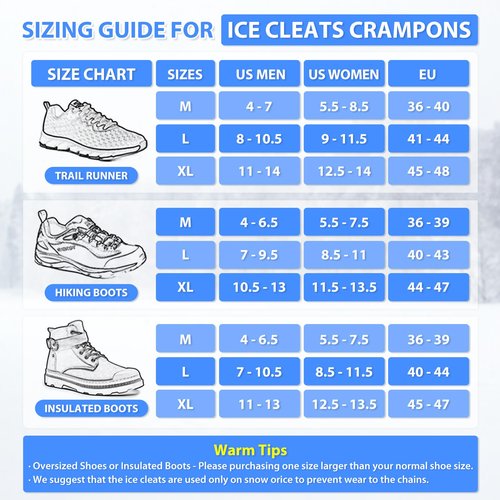 Sfee Crampons for Shoes and Boots - Non Slip Gripper Spikes with Stainless Steel Chains, Traction Cleats for Snow and Ice, Hiking, Climbing, Ice Fishing (M)