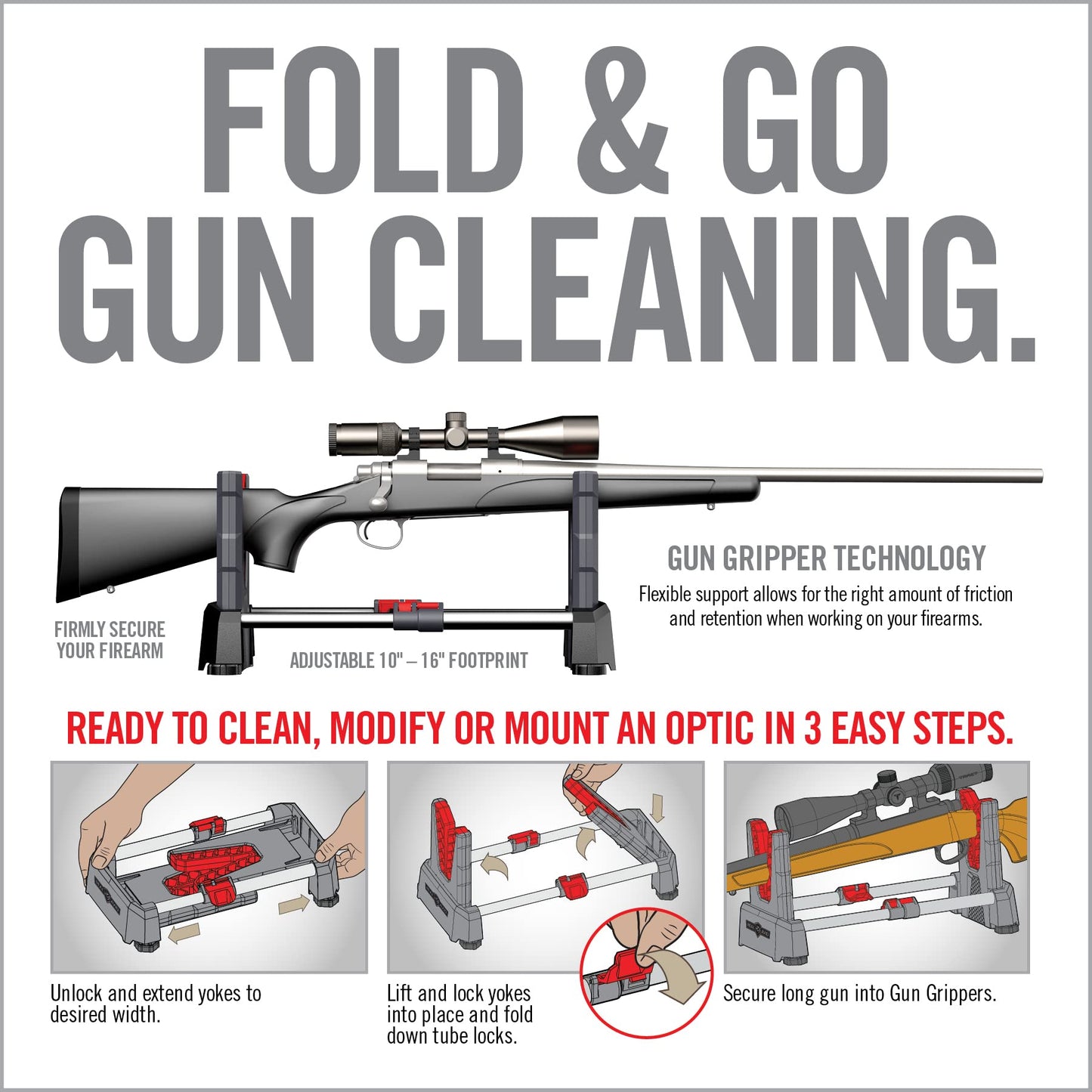 Real Avid Speed Stand | Collapsible Design, Adjustable 10" - 16" Stand for Cleaning & Maintenance | Compact, Portable Range Stand | Lightweight Vise Perfect for Hunting Rifles & Shotguns,Red