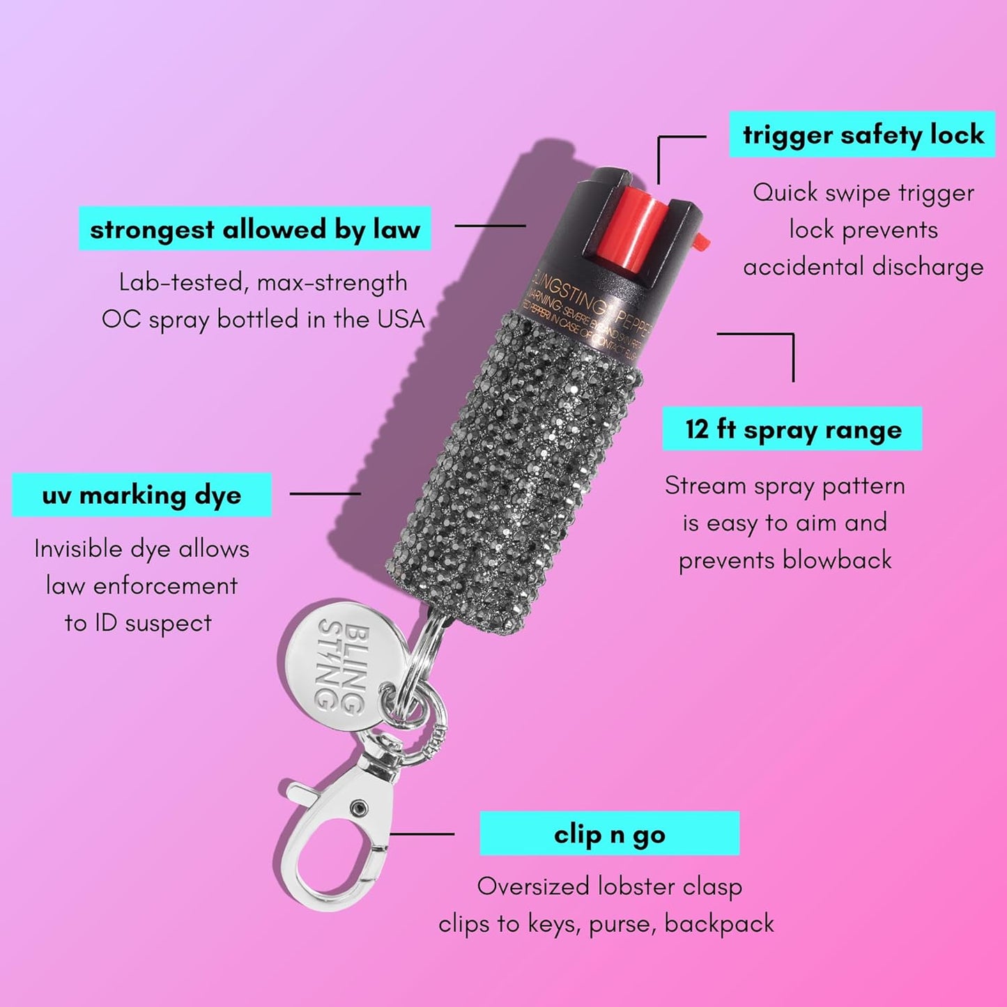 BLINGSTING Pepper Spray for Women - Maximum Strength OC Self Defense Spray - 12 ft Range - UV Marking Dye for Police ID - Swipe Safety Lock - Compact & Fashionable Keychain