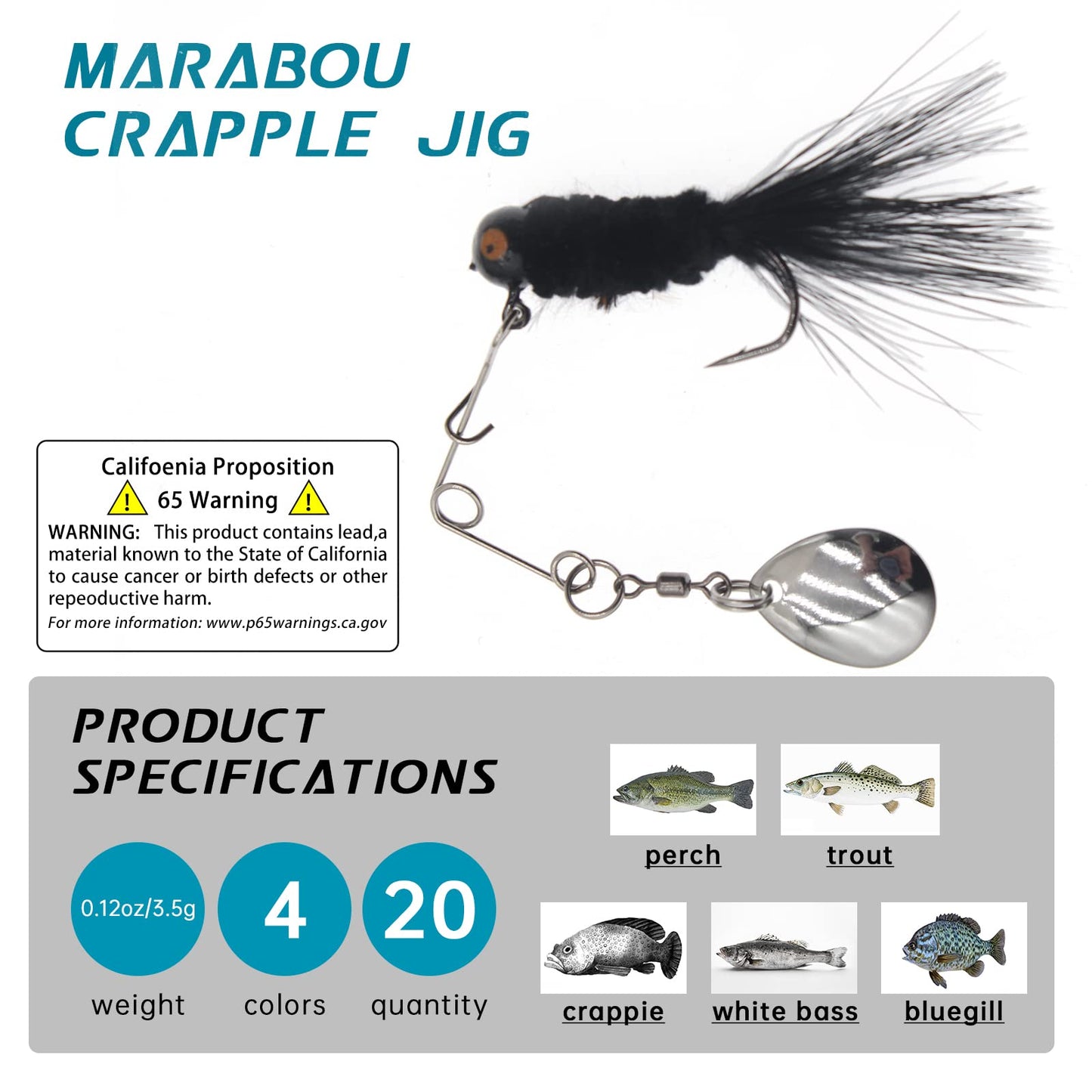 FishingPepo 20 Pcs Fishing Jig Marabou 1/8oz Feather Crappie Jig Heads with Spinner Blades Baits jiging Lures Lead Head Fishing Jig Hooks for Walleye Bass Fishing Accessories
