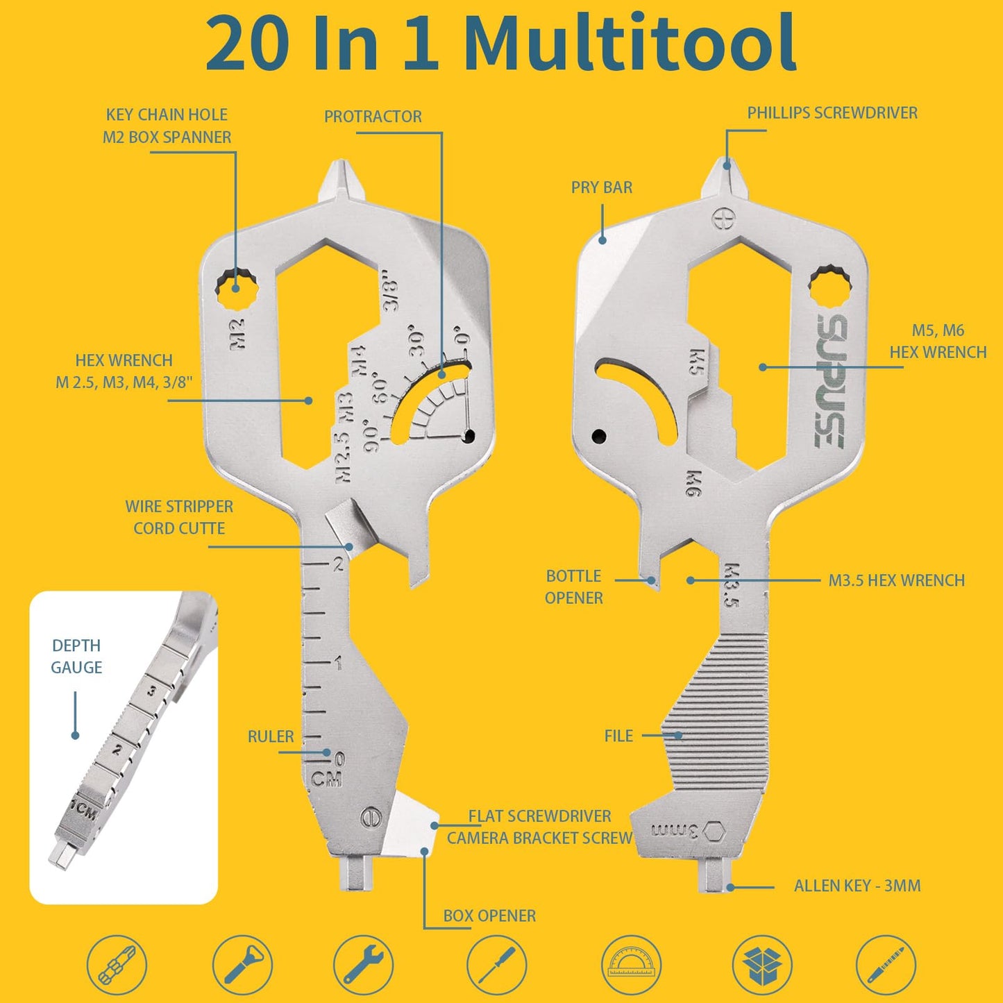 Key Shaped 20 In 1 Keychain Multitool - Pocket Utility Gadget, Bottle Opener Keychain, Wrench, Screw Drivers, Gift for Men and Women, Stainless Steel Keychain Utility Tool, Silver, 1 Pack