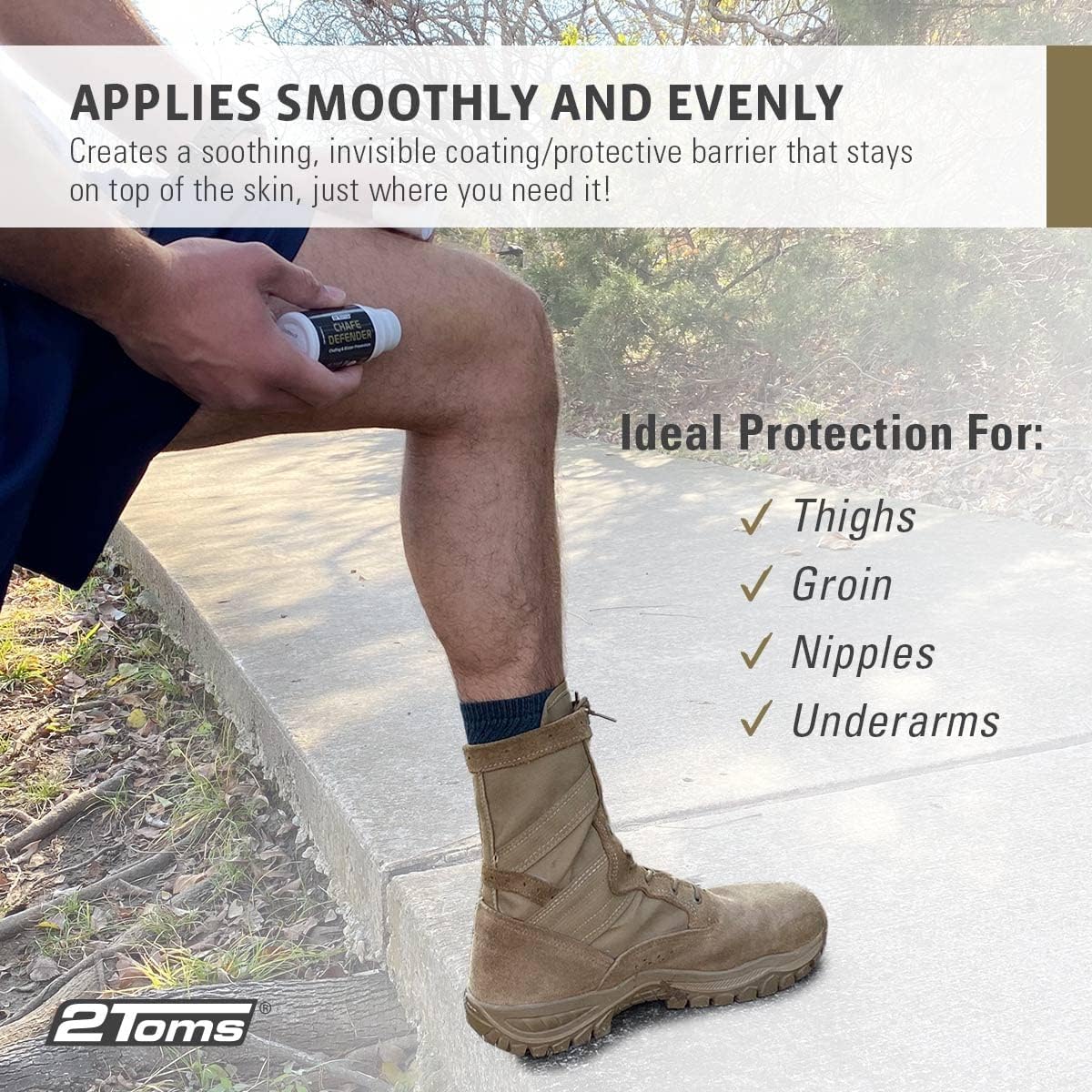 2Toms Chafe Defender, Military-Grade Anti-Chafe and Blister Prevention, All-Day Waterproof and Sweatproof Protection from Chafing and Skin Irritation, 1.5 Ounce Bottle
