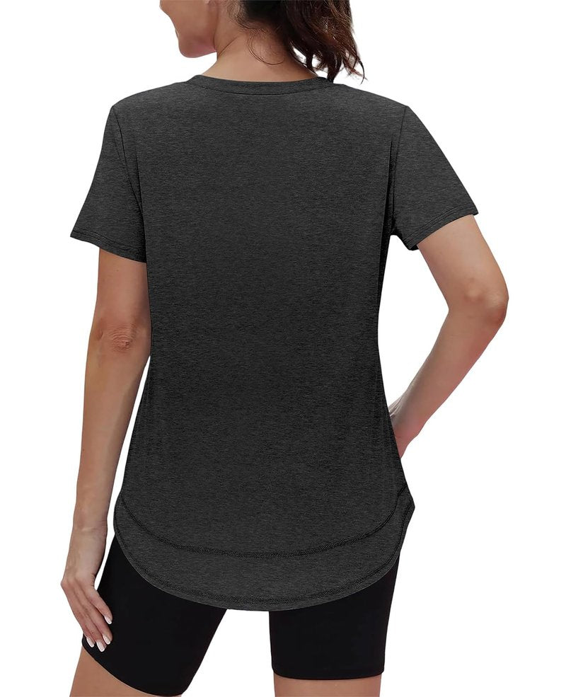 Summer Tops for Women 2026 Short Sleeve Workout Clothes Athletic Shirts Pilates Outfits Camisetas Deportivas para Mujer V Neck Black L