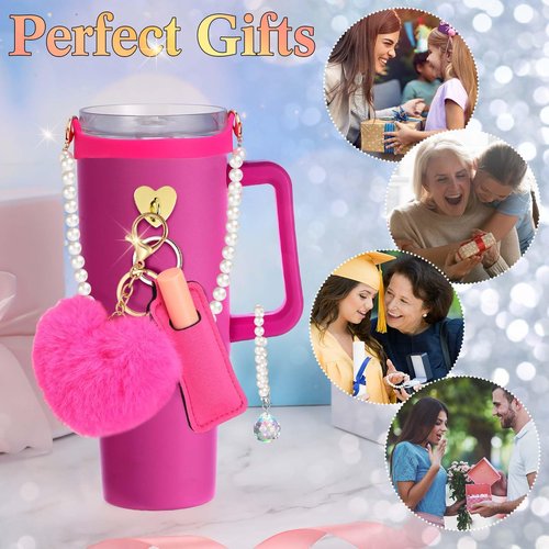 SiliFine Compatible with Stanley Cup 30&40oz Tumbler with Handle Accessories Including Silicone Water Bottle Handle Holder with Pearl Strap Beadable Charm Tumbler and Pompom Keychain(Rose Red,Classic)