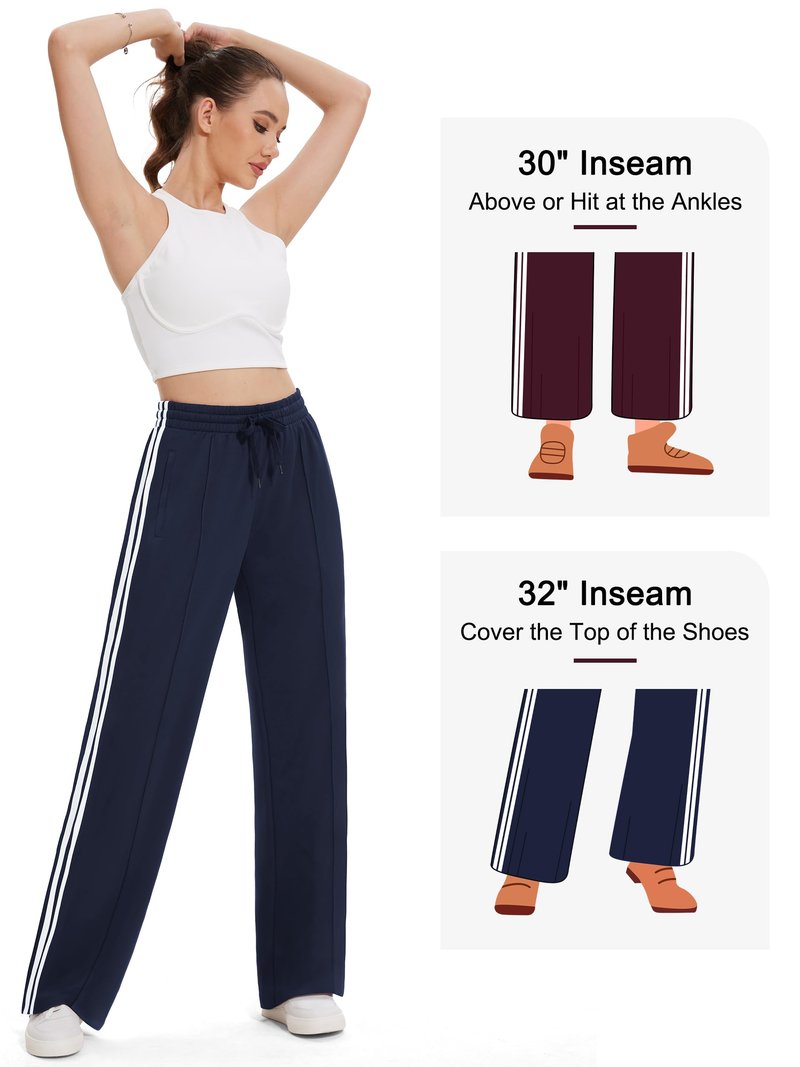 Tapata Extra Tall Woman 36" Inseam Stripes Sweat Pant High Waisted Drawstring Gym Exercise Lounge Joggers, Navy Blue, M