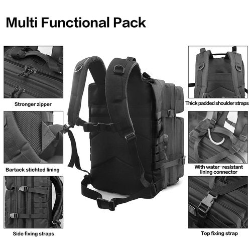 CtopxCone 45L Military Tactical Backpacks For Men Camping Hiking Trekking Daypack With Removable Water Bottle Pouch Bug Out Bag Lage MOLLE 3 Day Assault Pack - Balck Army Pack