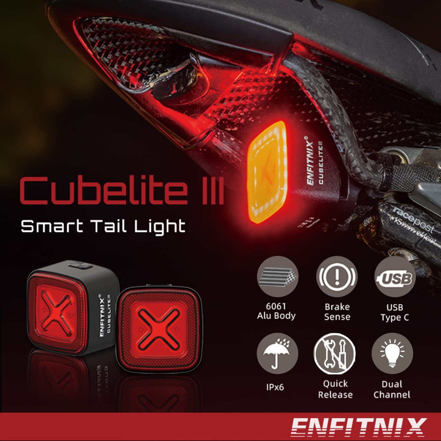 CUBELITE III Smart Bike Light,Ultra-high Visibility, Auto On/Off, Dual-Channel LED Automatic Brake-Sensing Taillight, USB Type-C Rechargeable Ultra-Long Standby, IPX6 Waterproof, 4 Lighting Modes.