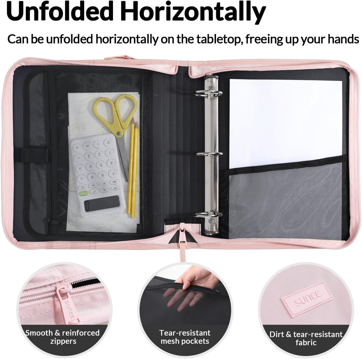 SUNEE Zippered Binder Bag with Handle, 2-Inch 3-Ring O-Ring, 500-Sheet Capacity, Includes Zip Pocket, 5-Tab Expanding File Folder, Multi-Pocket Organizer Binder for Middle School, Pink Lotus