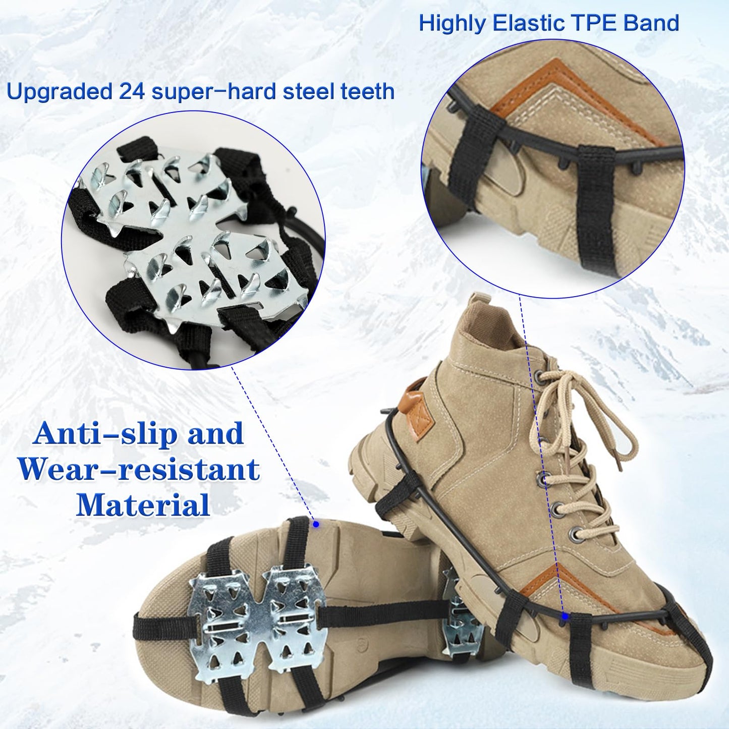 2 Pairs Crampons Ice Cleats for Shoes and Boots Universal 24 Steel Studs Snow Shoe Spikes Non Slip Snow Ice Grippers for Walking, Fishing, Climbing and Winter Hiking