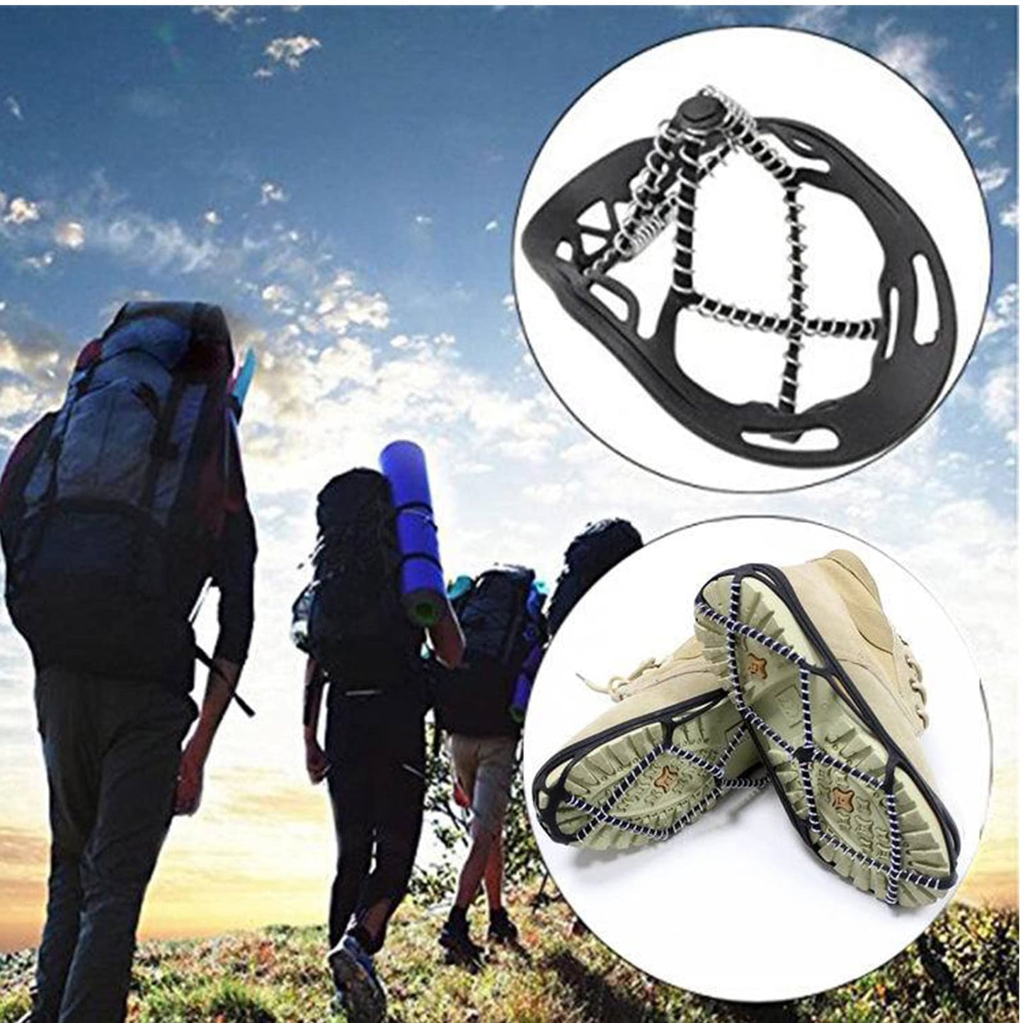 Walk Traction Cleats,Ice Cleats Anti Slip Crampons Rubber Spikes Ice Snow Grippers for Boots and Shoes for Winter Walking on Snow and Ice Climbing Hiking Mountaineering 2PCS for Man and Woman