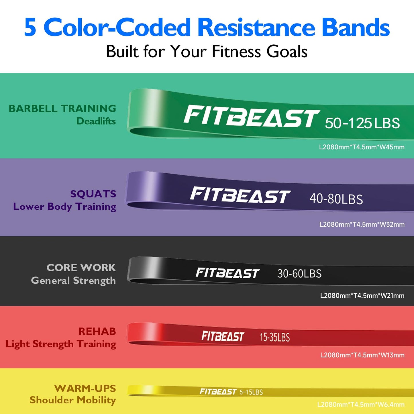 FitBeast Resistance Bands Set, 5 Different Levels, Pull Up Assist Bands for Strength Training, Crossfit, Powerlifting, Muscle Toning, Mobility Exercises, Full-Body Workout (Vibrant 5-125 lbs)