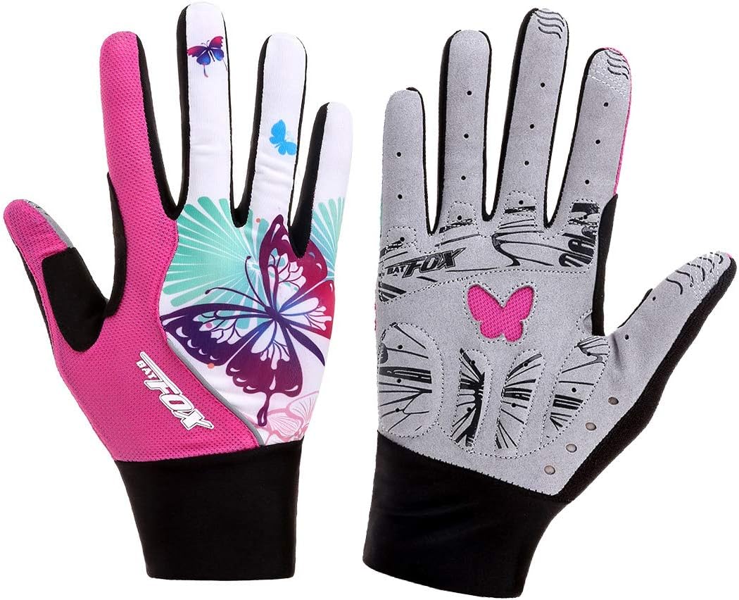Pink Floral Cycling Gloves for Women | Full Finger Gel Padded Workout Gloves