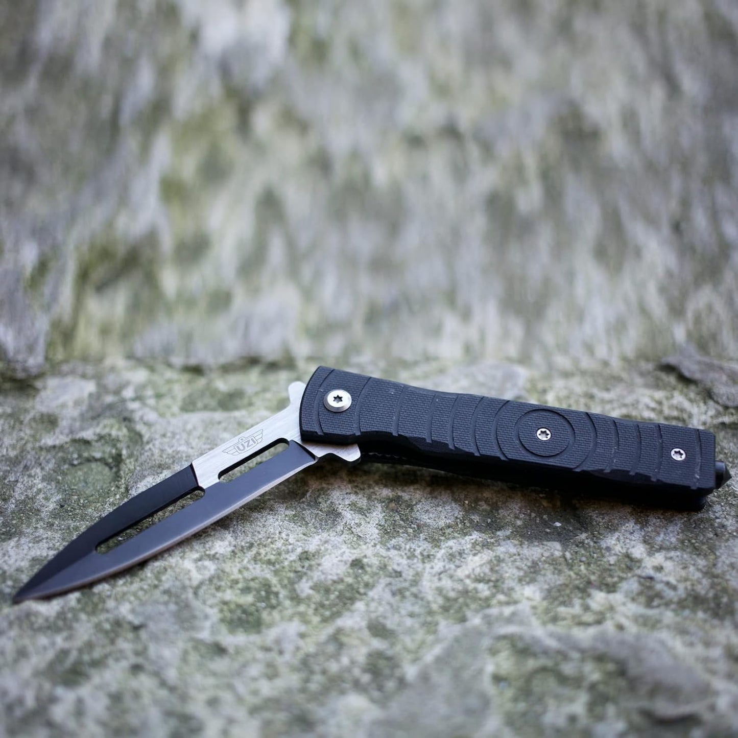 Uzi UZK-FDR-009 Covert Folding Knife with Straight Edge Stainless Steel Blade and Aluminum Handle with Metal Clip and Spring Assist, Survivor Tool, for Outdoor Trips, Camping, Fishing, Hunting, Black
