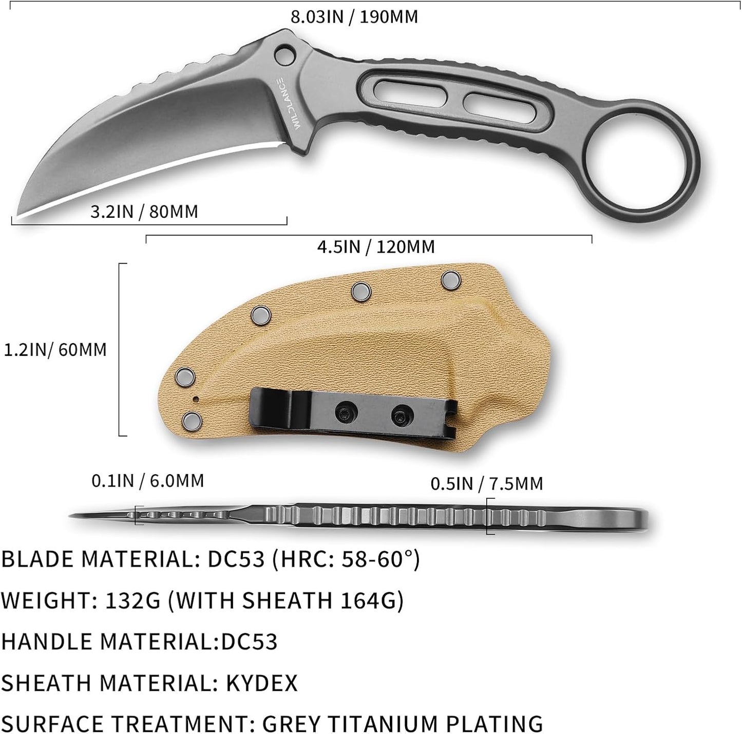 EDC Fixed Blade Knife with Sheath, Camping Knife Fixed Blade 3.3" DC53 Steel Outdoor Survival Blade Full Tang Hunting Knives for Men Women IB-01, Silver