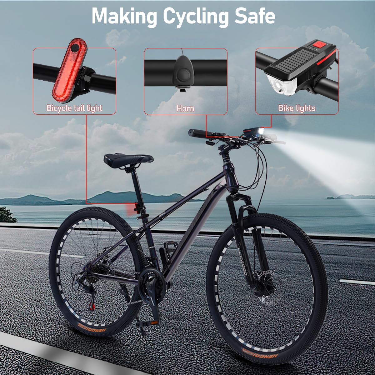LEDHOLYT Rechargeable Solar Bike Lights, Night Ultra Bright Bicycle Lights Headlight and Back Taillight with Electric Bell, Easy to Install Waterproof, Road and Mountain LED Bike Lights