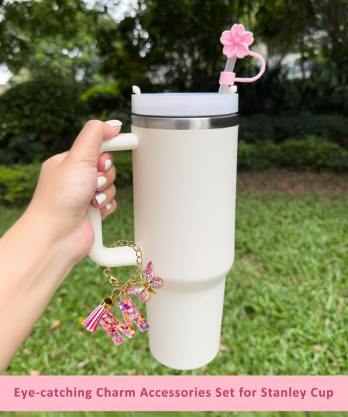 Compatible with Stanley Cup Accessories, Letter Charm and 3Pcs Silicone Straw Cover, 0.4" 10MM Straw Toppers for Stanley 30 40 oz Tumbler, Pink Initial Letter Charm with Butterfly and Tassel, Letter M