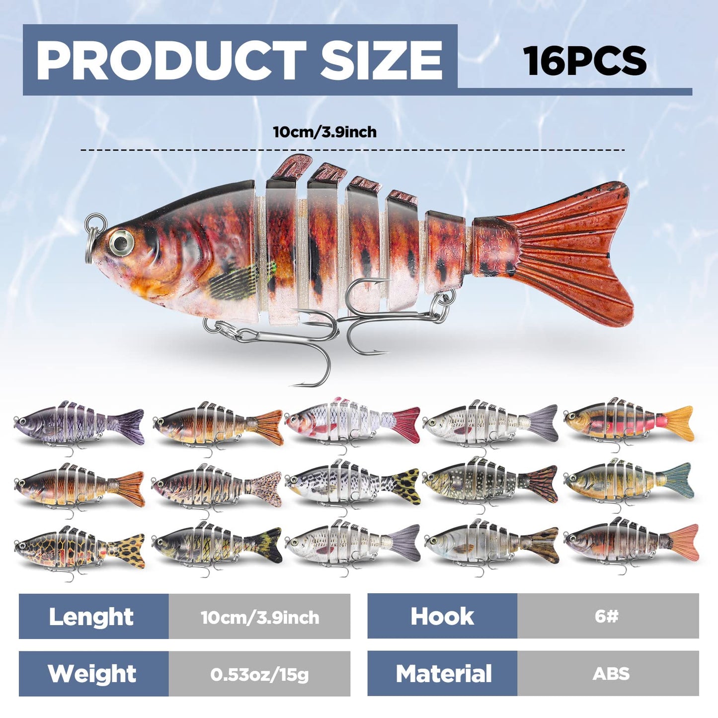 Talltalk 16 Pcs Fishing Lures for Bass Trout Perch Freshwater Trout Perch Freshwater Swimming Fishing Bait Swimbaits for Bass Slow Sinking Lifelike Fish Kit, Multi Jointed