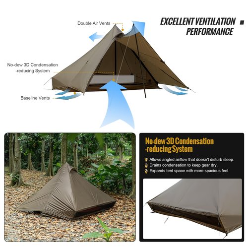 OneTigris Tetra Ultralight Tent Tipi 1-2 Person, Trekking Pole Tent, Waterproof 3 Season, Ideal for Camping Hiking Backpacking Bushcraft (160cm Version-Coyote Brown)