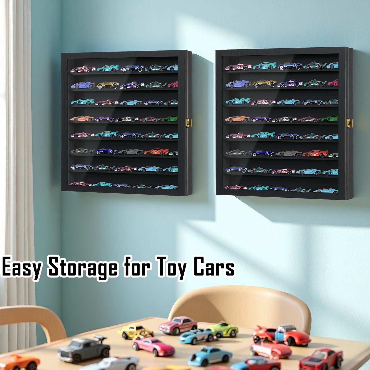 Large Display Case for 1/64 Scale Model Cars, Wall-Mounted or Freestanding Wood Display Cabinet for Hot Wheels, Rocks, Challenge Coins, Mini Toys, Minifigures, UV Protection Shadow Box, Black