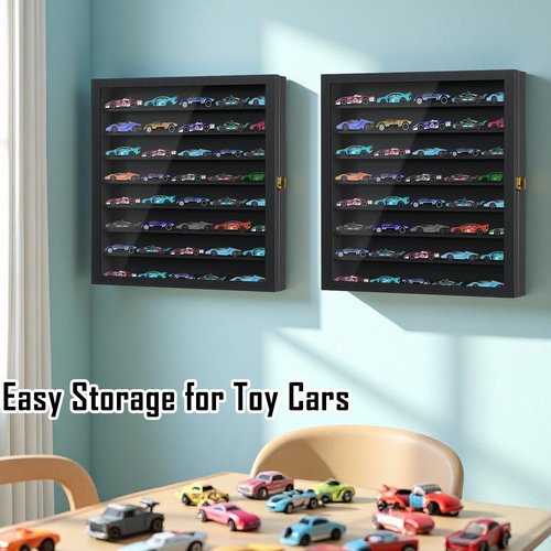 Large Display Case for 1/64 Scale Model Cars, Wall-Mounted or Freestanding Wood Display Cabinet for Hot Wheels, Rocks, Challenge Coins, Mini Toys, Minifigures, UV Protection Shadow Box, Black