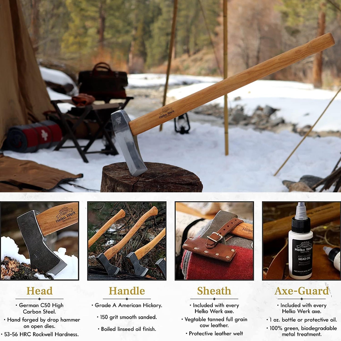 1844 Helko Werk Germany Classic Journeyman Pack Axe - Made in Germany Lightweight and Compact Backpacking Axe and Bushcraft Axe for Camping - Head 1.5 lbs, Handle 20 in. (Journeyman) #11441
