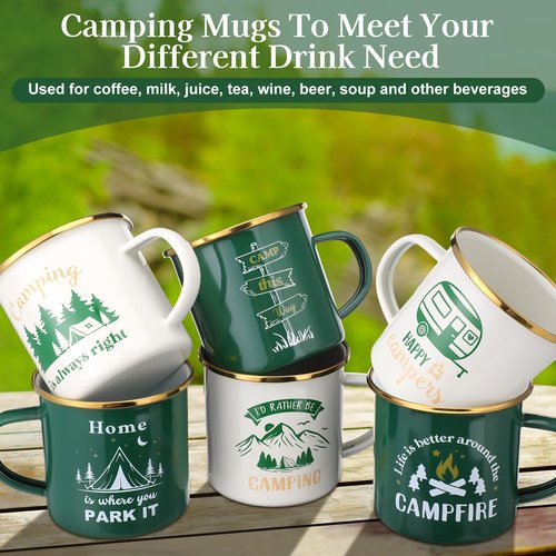 Pickmesh 6 Pcs Camping Mugs Enamel Cups 12oz Coffee Cups with Handle Camping Gifts for Outdoor Hiking Backpacking Lovers